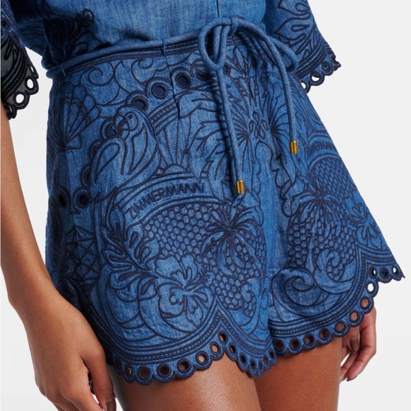 Zimmermann Pants - Zimmermann Coco Embroidered Denim Shorts